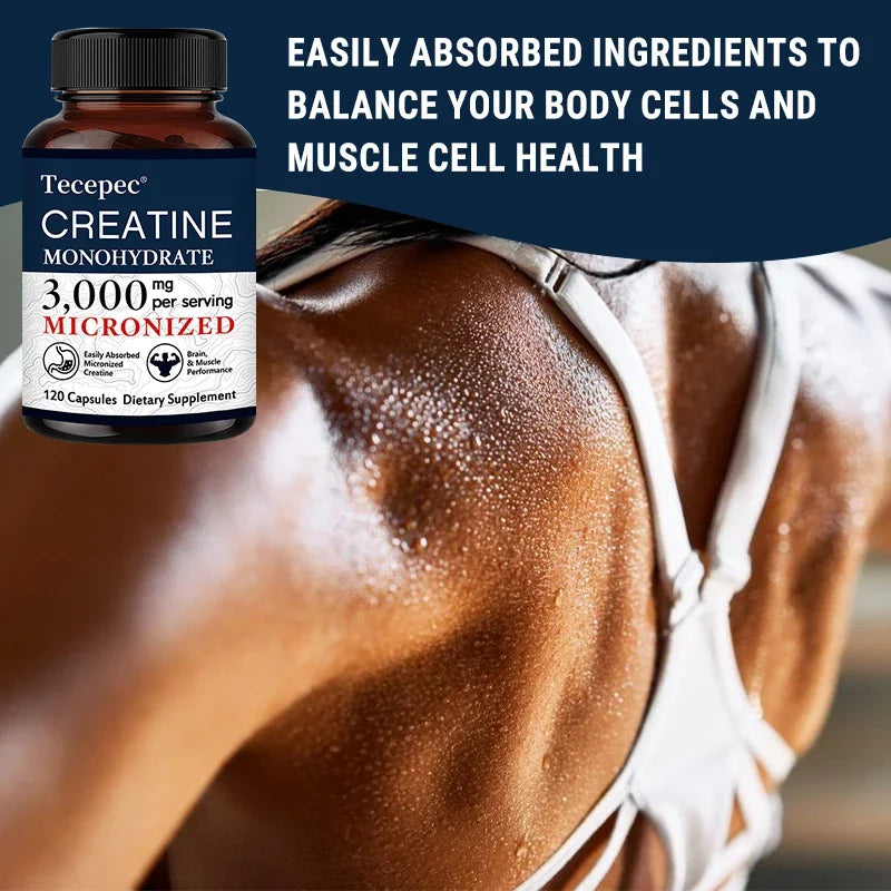 Creatine Monohydrate 3000 mg Capsules, Supports Pre-Workout and Healthy Muscles, Focus & Memory, Easy to Absorb, Easy to Swallow