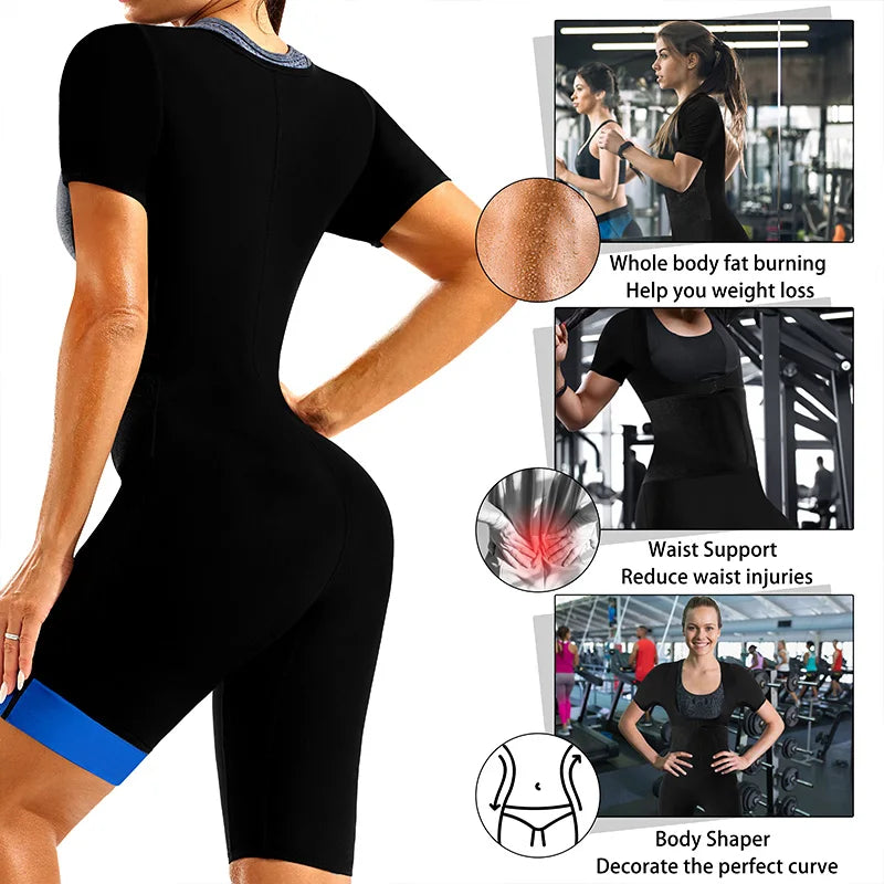 Women's 4 IN 1 Shorts Sleeve Shorts Sauna Sweat Suits for Adult Weight Loss Full Body Shaper Compression with Waist Trainer Belt