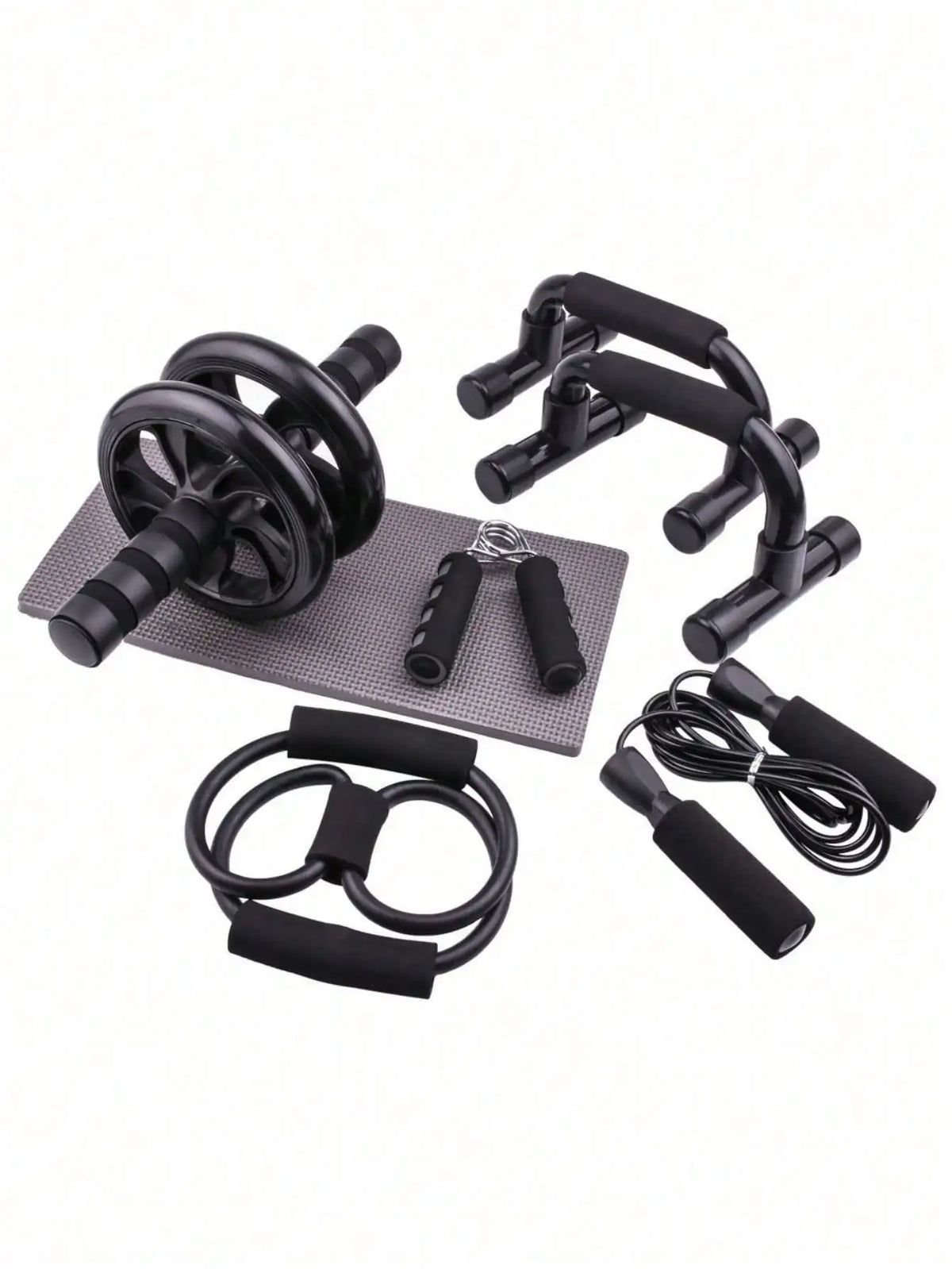 7‑Pcs Portable Home Workout Set , Skipping Rope Hand Gripper Push‑Up Bars Abdominal Roller for Full‑Body Muscle Fitness Training