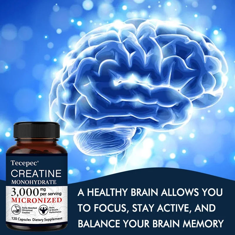 Creatine Monohydrate 3000 mg Capsules, Supports Pre-Workout and Healthy Muscles, Focus & Memory, Easy to Absorb, Easy to Swallow