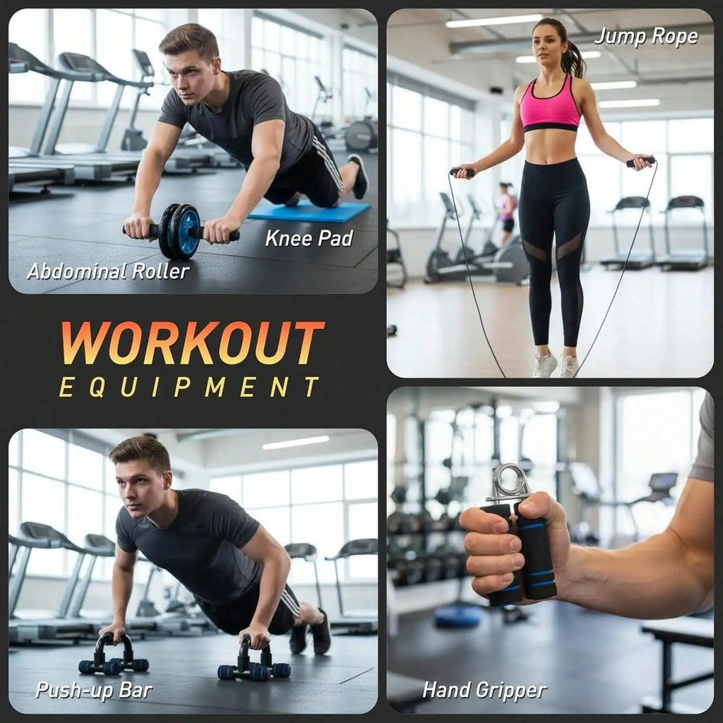 7‑Pcs Portable Home Workout Set , Skipping Rope Hand Gripper Push‑Up Bars Abdominal Roller for Full‑Body Muscle Fitness Training
