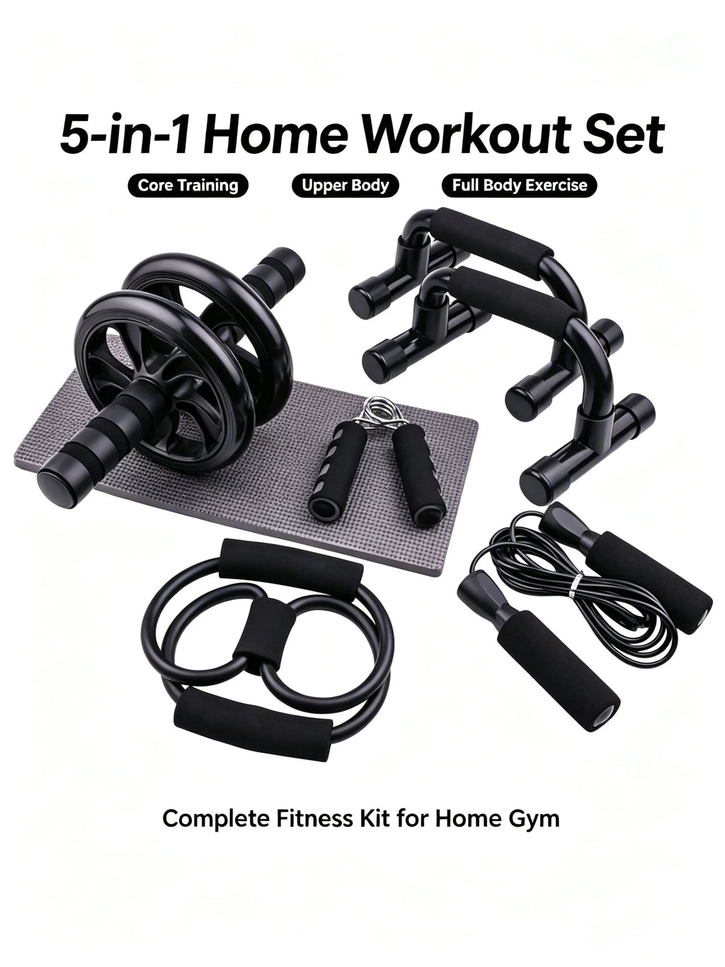 7‑Pcs Portable Home Workout Set , Skipping Rope Hand Gripper Push‑Up Bars Abdominal Roller for Full‑Body Muscle Fitness Training