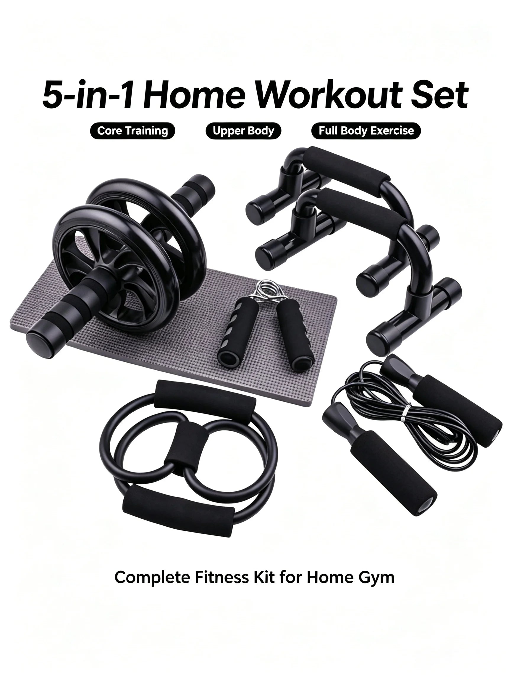 7‑Pcs Portable Home Workout Set , Skipping Rope Hand Gripper Push‑Up Bars Abdominal Roller for Full‑Body Muscle Fitness Training