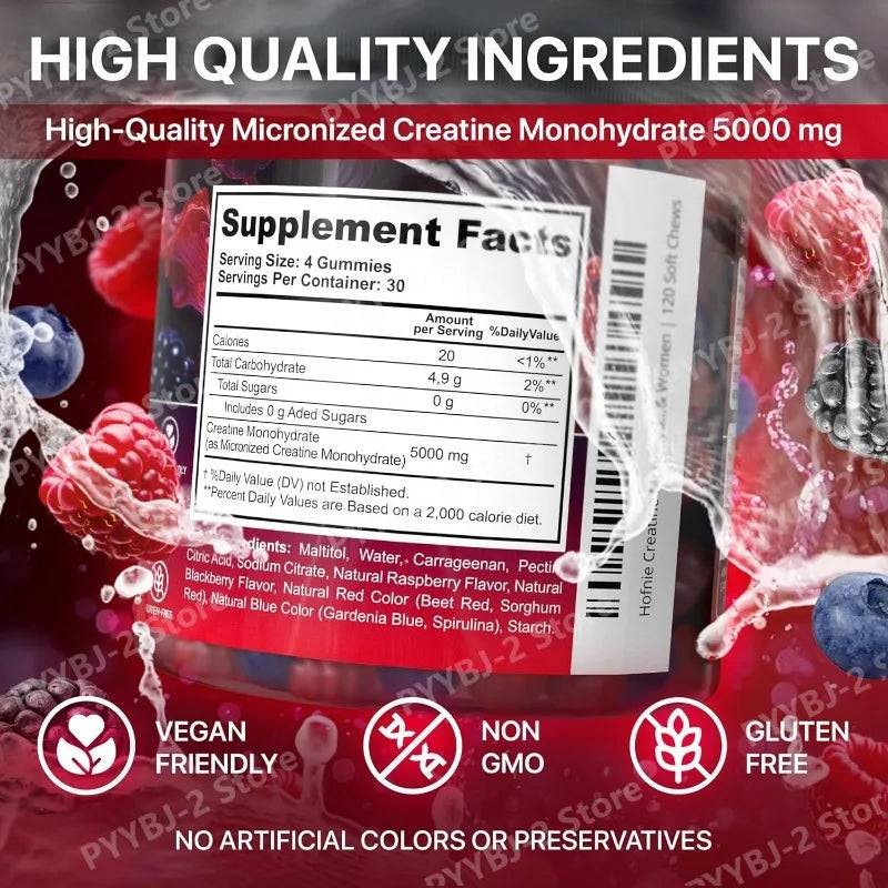 Creatine Monohydrate Gummies Raspberry & Blackberry Flavor Sugar Free for Men and Women Pre Workout Creatine Supplement 120count