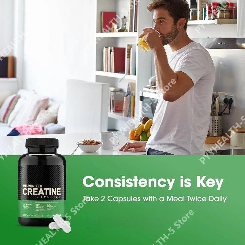Creatine Monohydrate Supplement 60 Capsules Muscle Strength Fitness Pre-Workout Post-Workout Muscle Recovery Non-GMO Gluten-Free