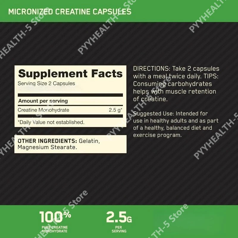 Creatine Monohydrate Supplement 60 Capsules Muscle Strength Fitness Pre-Workout Post-Workout Muscle Recovery Non-GMO Gluten-Free