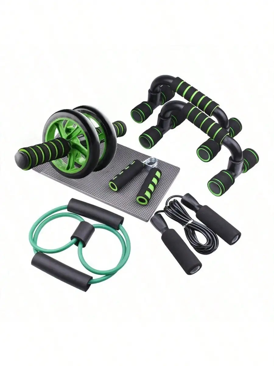 7‑Pcs Portable Home Workout Set , Skipping Rope Hand Gripper Push‑Up Bars Abdominal Roller for Full‑Body Muscle Fitness Training