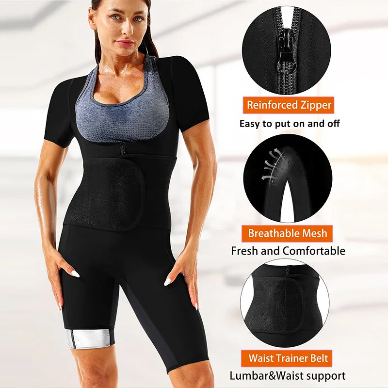Women's 4 IN 1 Shorts Sleeve Shorts Sauna Sweat Suits for Adult Weight Loss Full Body Shaper Compression with Waist Trainer Belt