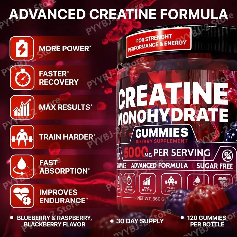 Creatine Monohydrate Gummies Raspberry & Blackberry Flavor Sugar Free for Men and Women Pre Workout Creatine Supplement 120count